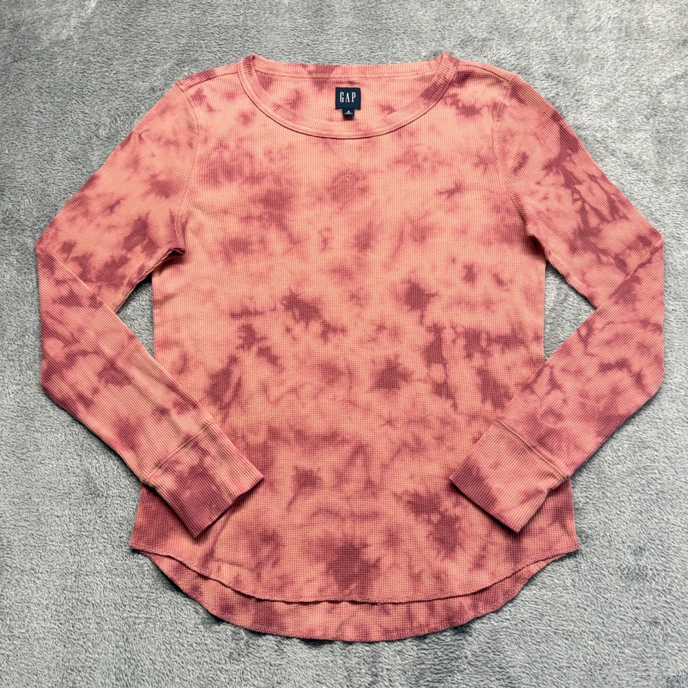 Gap Waffle Knit Top Women Medium Tall Pink Tie Dye Good Long Sleeve Thermal